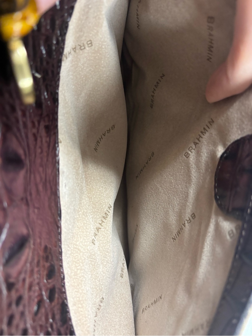 Brahmin Croc-Embossed Satchel in Beige and Dark Brown with Yellow Trim - Picture 11 of 16